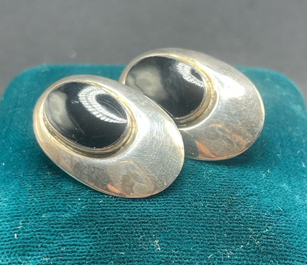 Vintage 925 Oval Sterling Silver Stud Earrings Bezeled Black Glass 1.17" x .77"